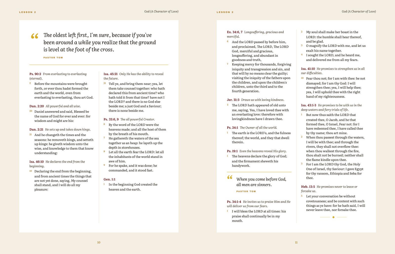 Pages 10 and 11 of the Bible Biker study book, straight from the print PDF: a gold pull quote above two columns of Scripture and commentary on each page.