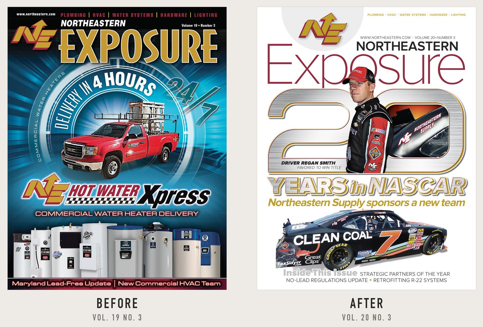 Two Northeastern Exposure covers side by side. Before, Vol. 19 No. 3: a dark cover with a gold slab masthead and a red truck. After, Vol. 20 No. 3: a white cover with a large maroon masthead and a NASCAR driver.