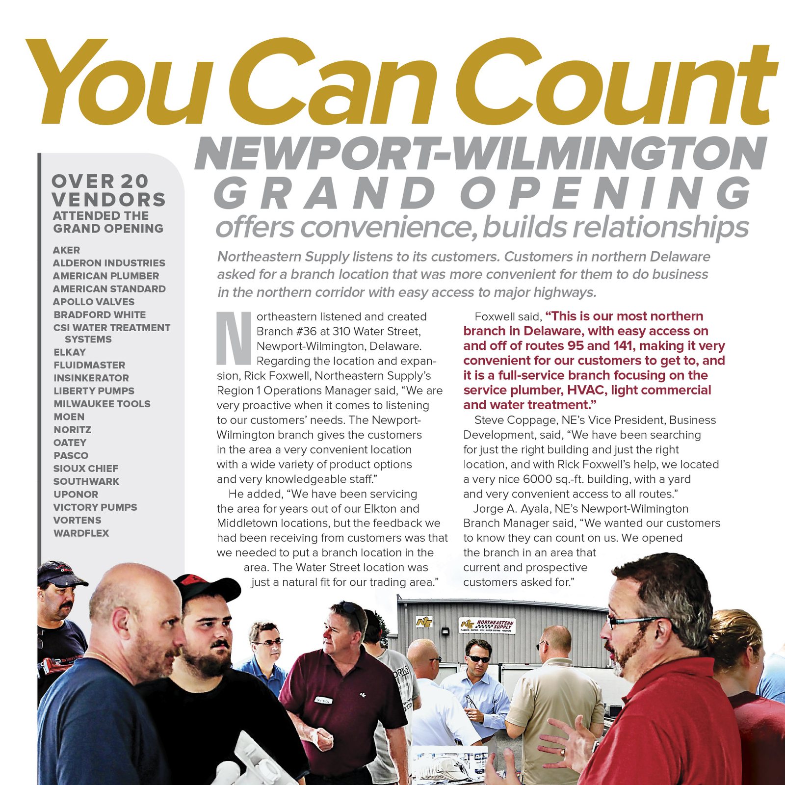 Northeastern Exposure Vol. 23 No. 1, page 10: the Newport-Wilmington grand opening feature, with a gold and gray headline, an italic deck, a vendor list sidebar, two columns with a drop cap and a crowd photo.