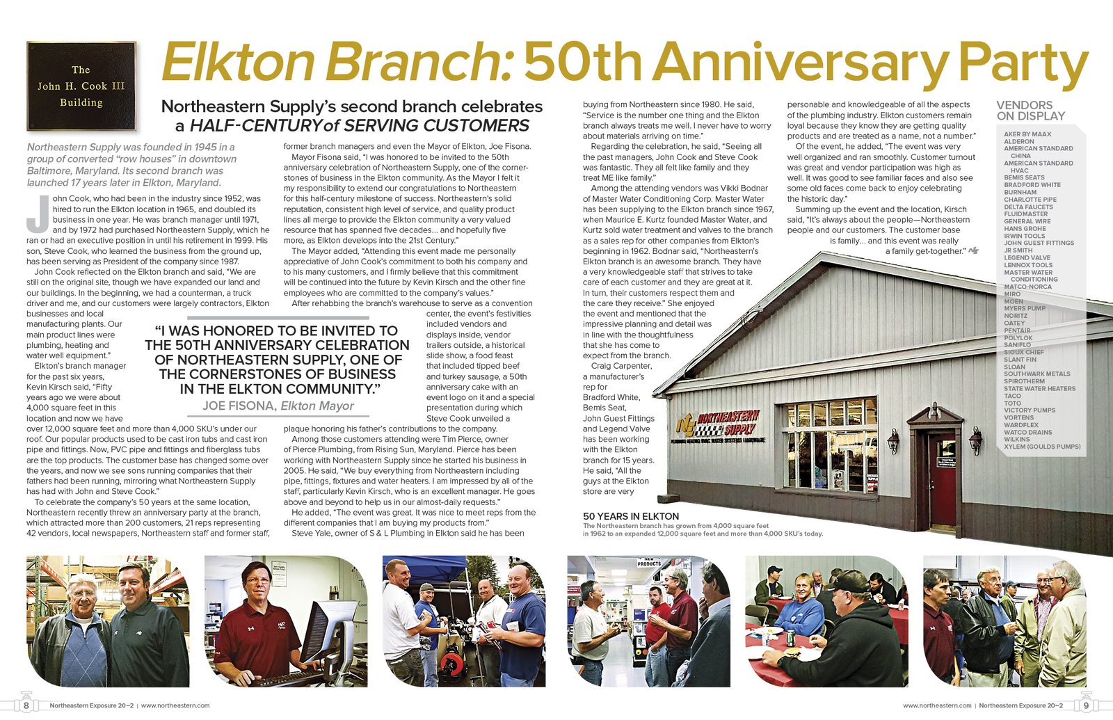 Northeastern Exposure Vol. 20 No. 2, pages 8 and 9: the whole Elkton Branch 50th Anniversary Party feature spread, with a gold headline, a plaque photo, a pull quote, columns of body copy and a row of event photos.