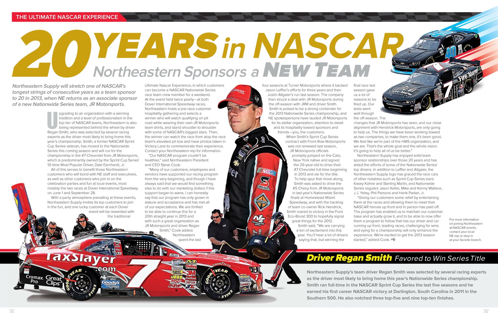 Northeastern Exposure Vol. 20 No. 3, 2013, pages 8 and 9: the whole 20 Years in NASCAR feature spread, with a large gold headline, a driver portrait, a race car and columns of body copy.