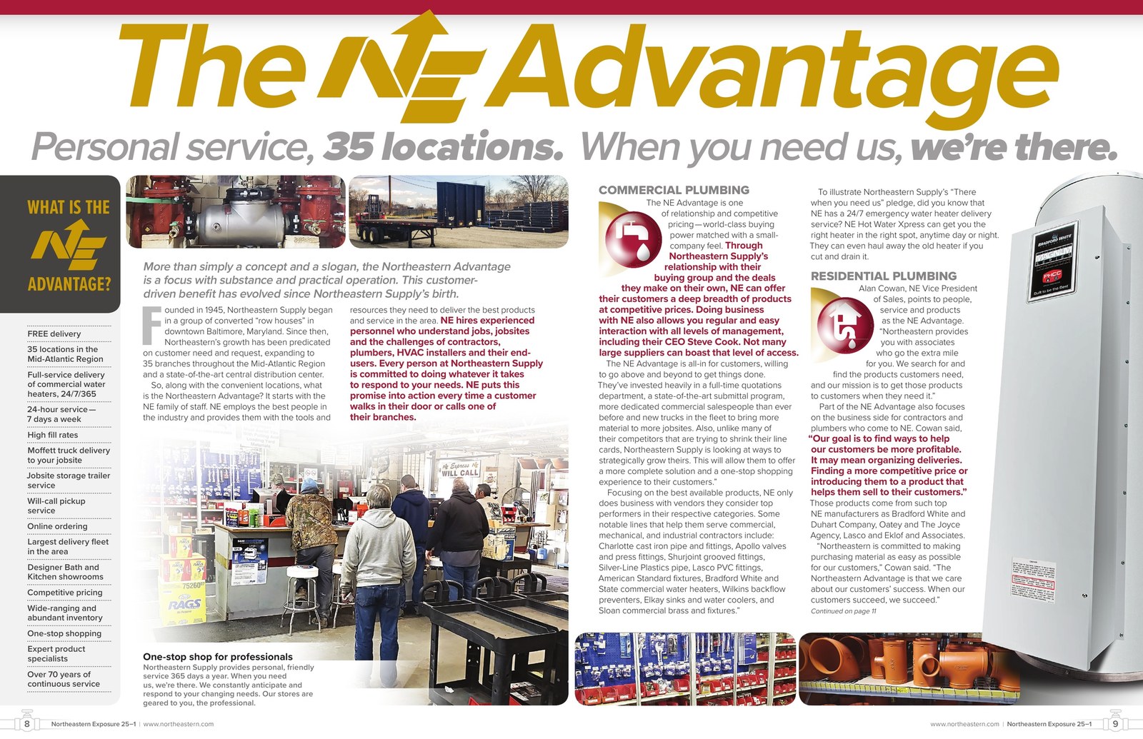 Northeastern Exposure Vol. 25 No. 1, pages 8 and 9: a large gold headline reading The NE Advantage, a sidebar list headed What is the NE Advantage, rounded photo strips of a store counter and warehouse, and columns of body copy.