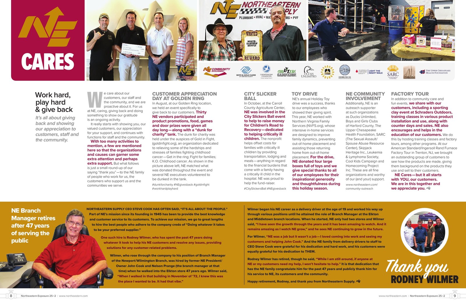 Northeastern Exposure Vol. 25 No. 2, pages 8 and 9: a maroon and gold NE Cares tile, a photo strip with charity logos, five short text modules and a gold band thanking a retiring branch manager.
