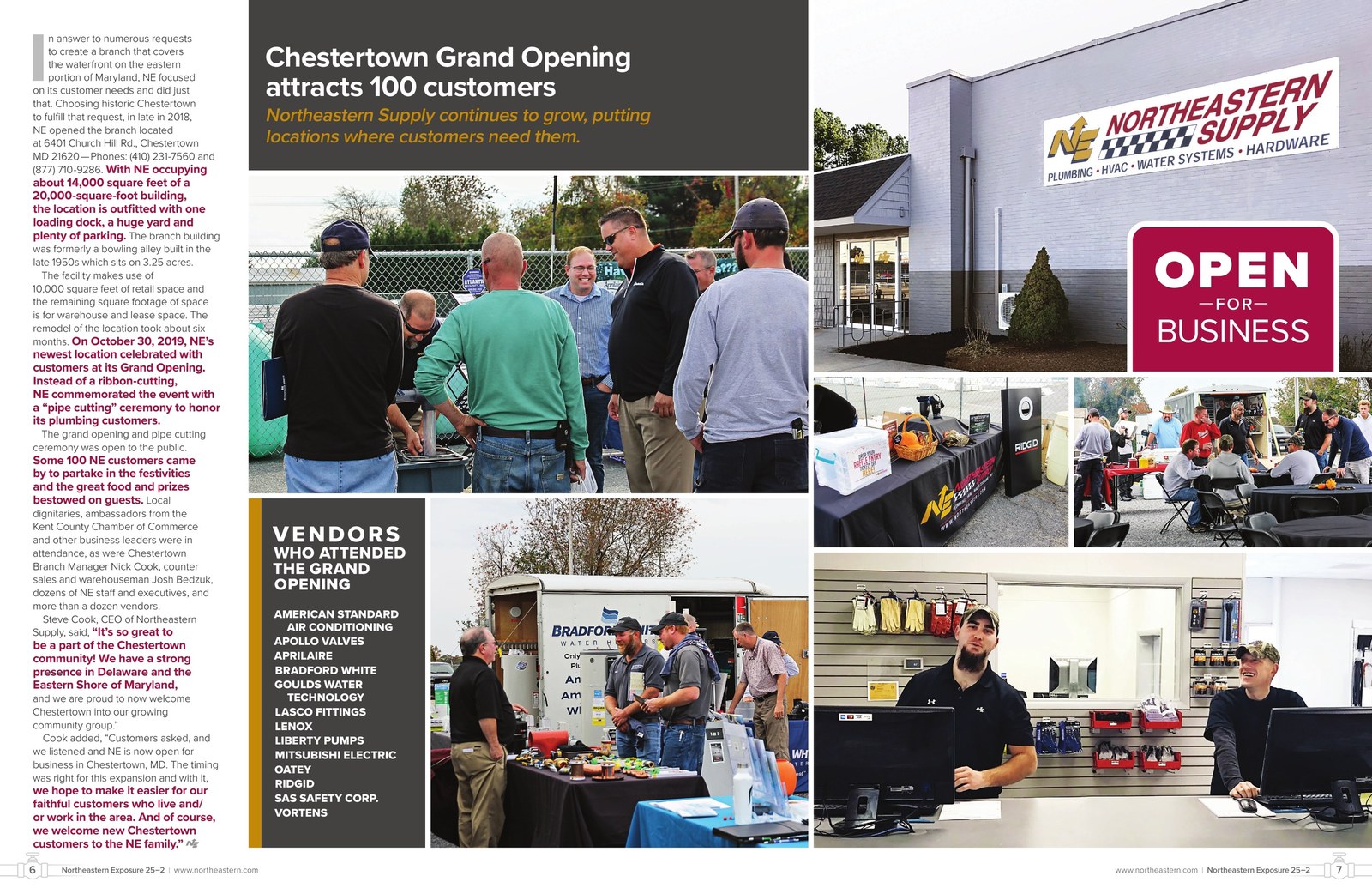 Northeastern Exposure Vol. 25 No. 2, pages 6 and 7: the Chestertown grand opening, with a gray headline block, a collage of customer and vendor photos, a vendor list and an Open for Business sign on the new branch.