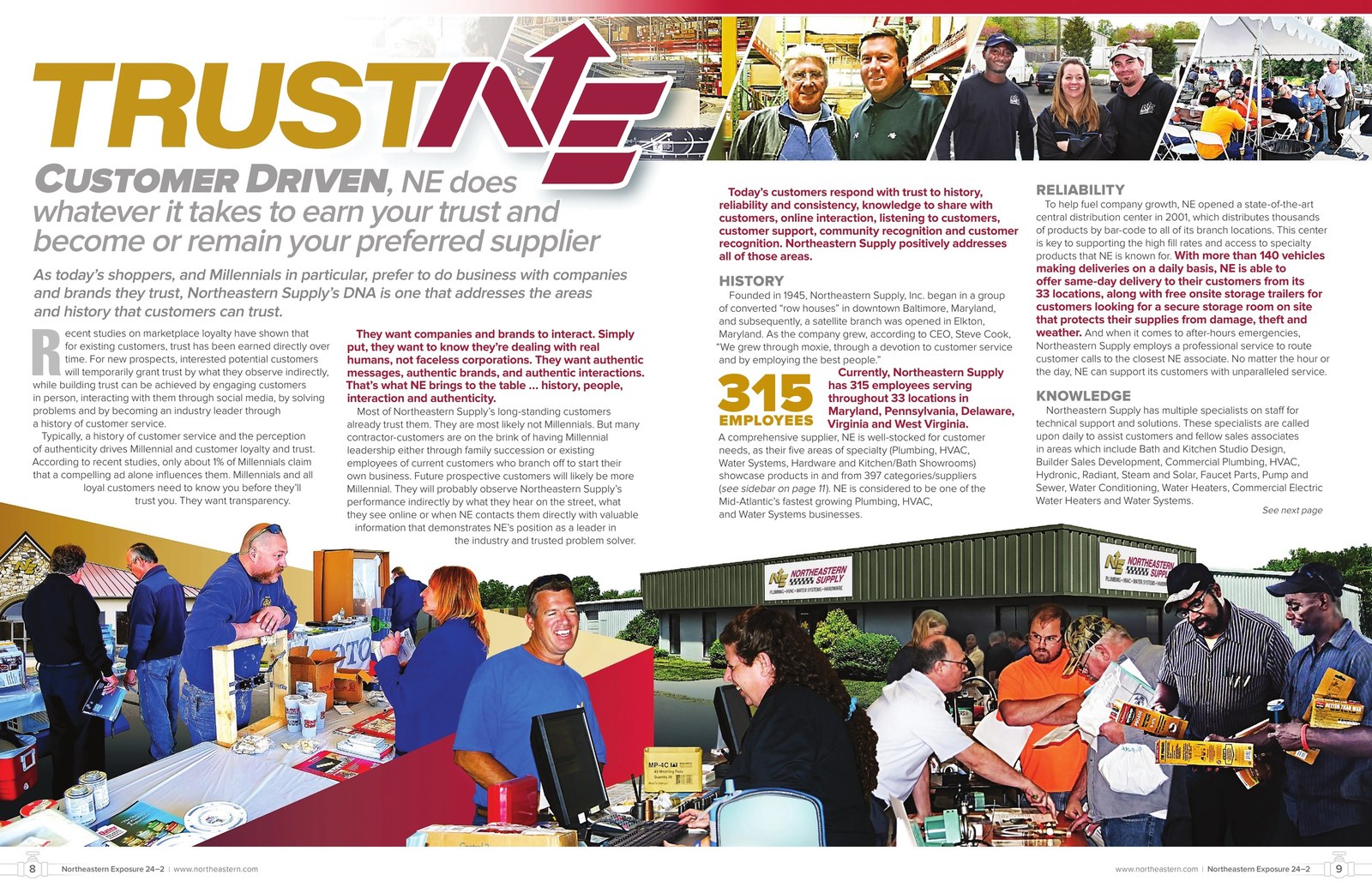 Northeastern Exposure Vol. 24 No. 2, pages 8 and 9: a large TRUST NE logo headline over photo bands of customers, staff and a branch, with a subhead and three columns of body copy.