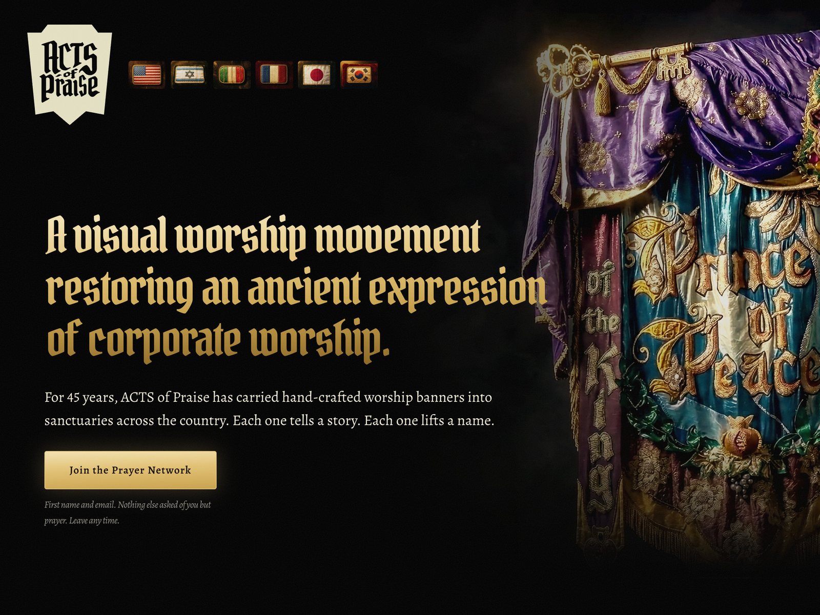 The Acts of Praise website on a desktop browser: a dark gold page with a worship banner and a headline about a visual worship movement.