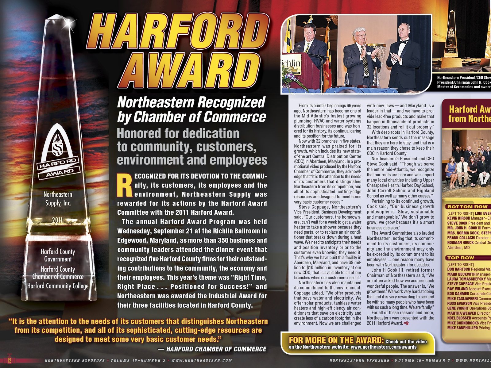 Northeastern Exposure feature spread, the Harford Award: a headline, a trophy photo and three columns of body copy.