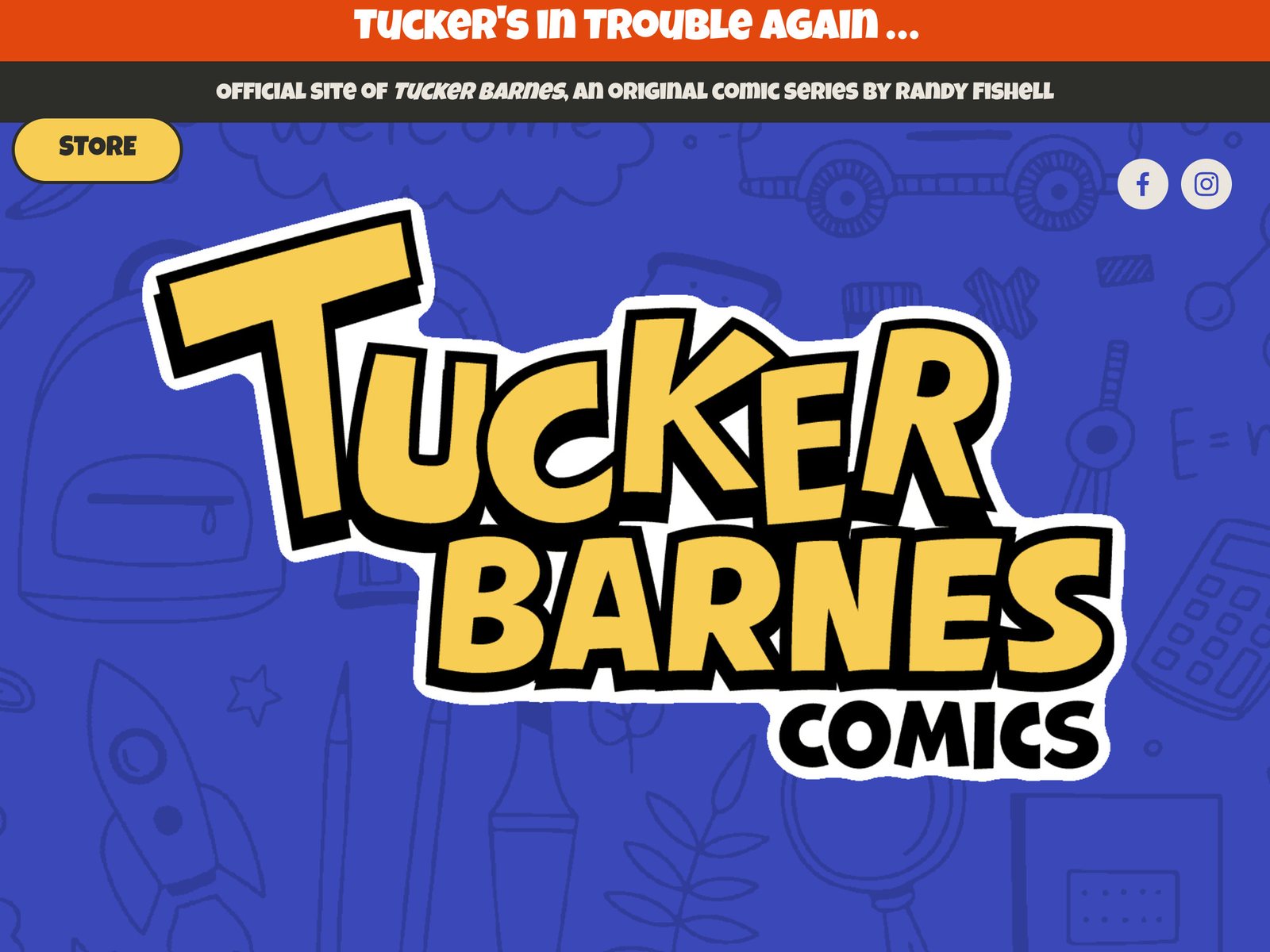 The Tucker Barnes Comics website on a desktop browser: a blue page with the yellow comic logo.