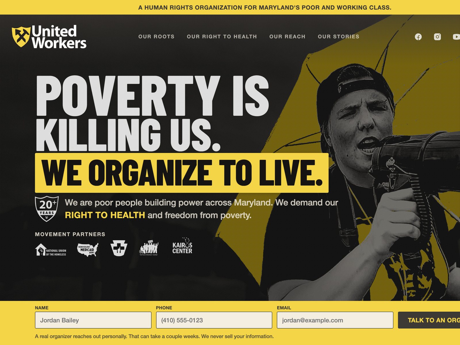 The United Workers home page on a desktop browser: the headline Poverty is killing us. We organize to live.