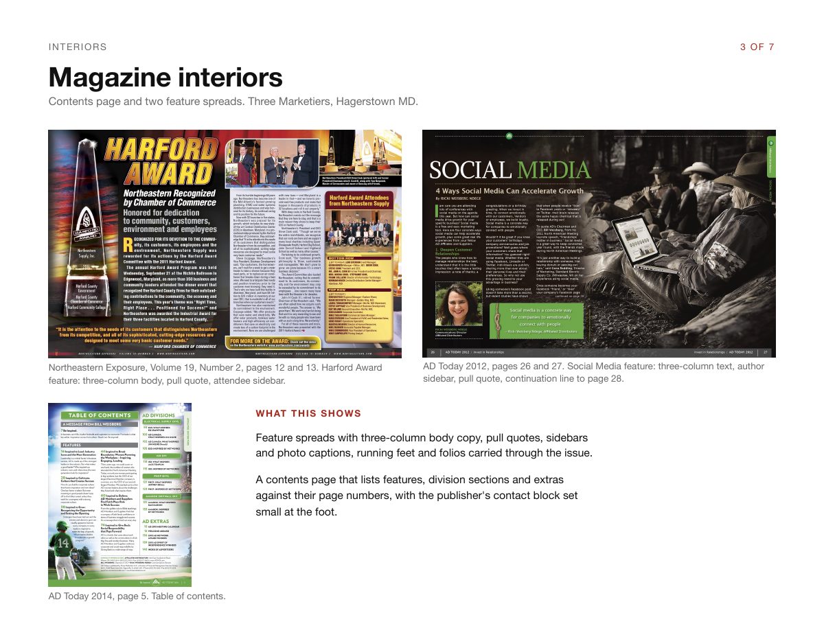 Portfolio page 3 of 7: magazine interiors, with two feature spreads and a contents page.