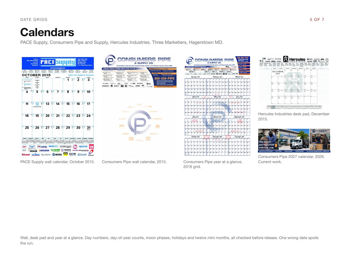 Portfolio page 5 of 7: wall calendar, desk pad and year-at-a-glance calendar designs.