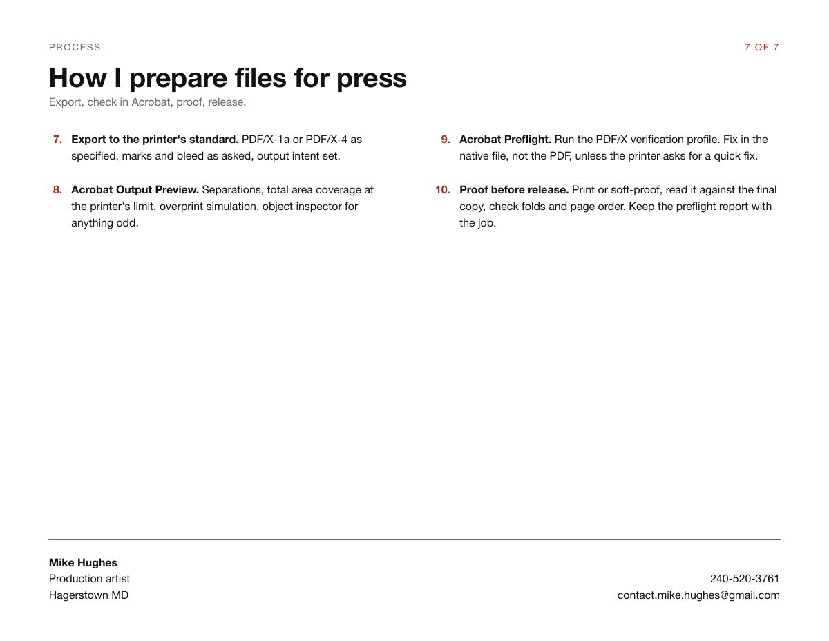 Portfolio page 7 of 7: text page, How I prepare files for press, steps 7 to 10, with contact details at the bottom.